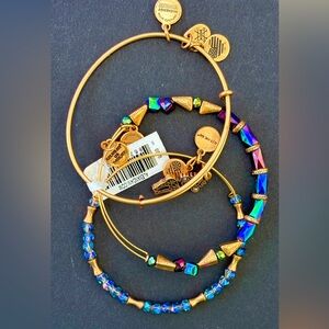 Alex and Ani Gold-Tone Bangle Set with Iridescent Blue-Green Crystals